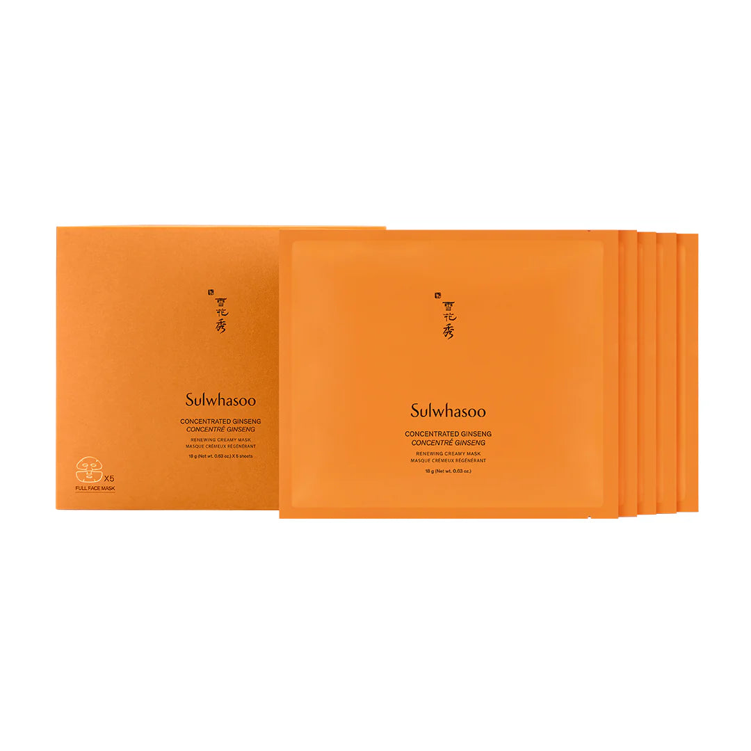 Sulwhasoo Concentrated Ginseng Renewing Creamy Mask – Single-use luxury Korean anti-aging sheet mask with Ginsenomics™ available at Atelier De Glow UAE.