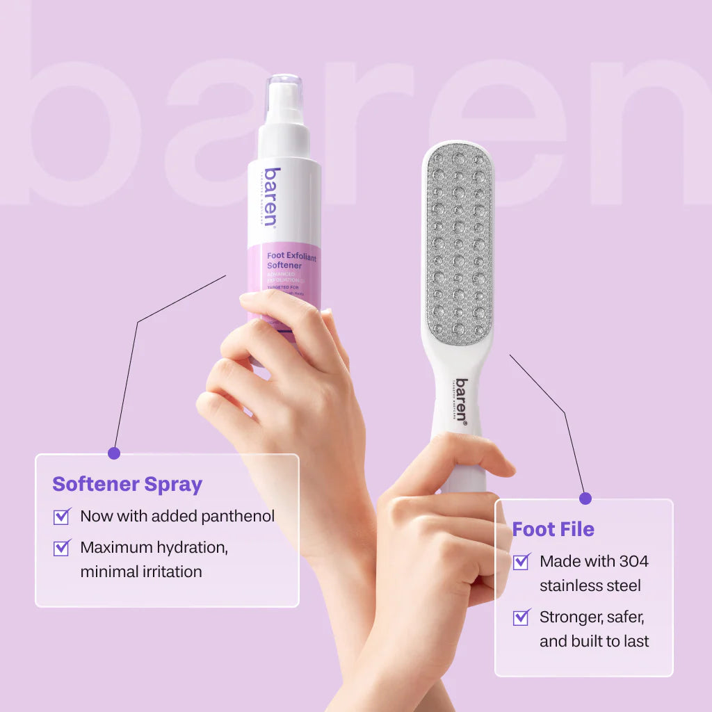 Baren foot kit for deep-set heel cracks, thick hardened calluses, and dry scaling soles – Rapid-acting smoothing salon treatment from Atelier De Glow UAE.