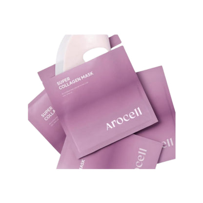 Opaque white, thick, and form-fitting two-piece hydrogel sheet texture of Arocell Super Collagen Mask melting crystal-clear on a face at Atelier De Glow UAE.