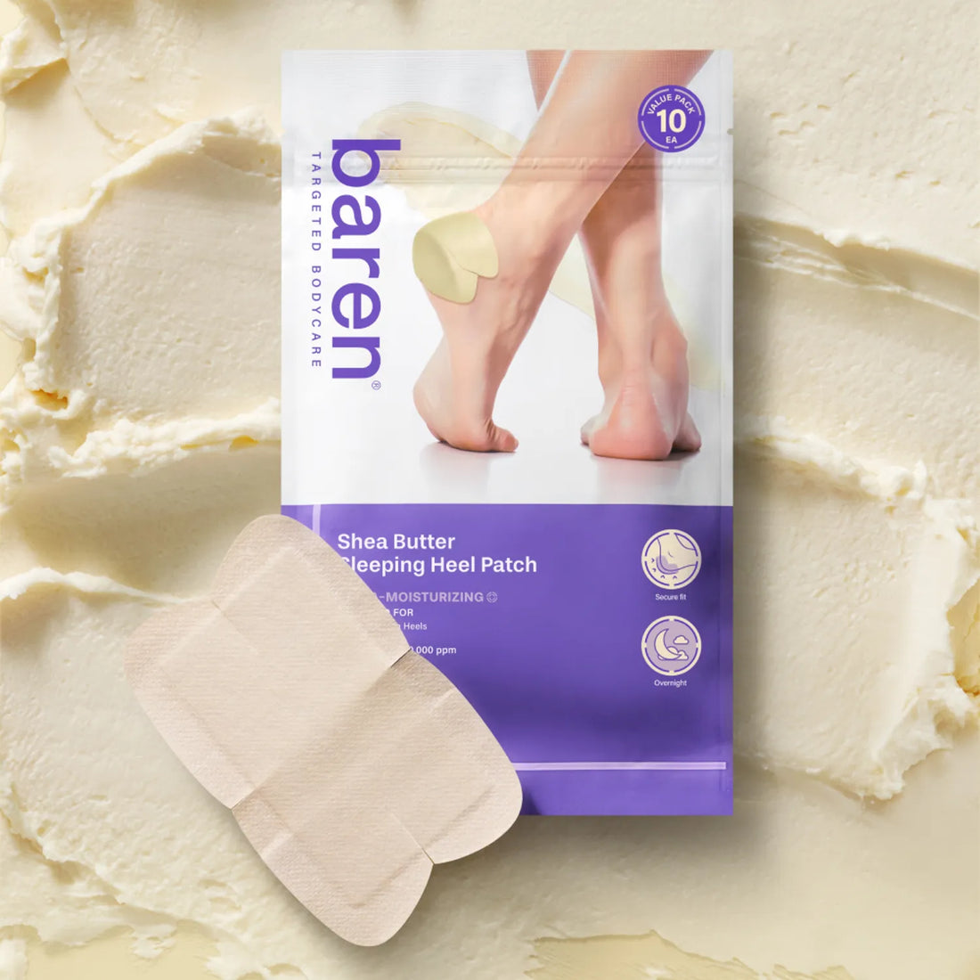 Ultra-slim, transparent, and flexible 4-way wing shape design of Baren Sleeping Patch wrapping snugly around a dry heel at Atelier De Glow UAE.