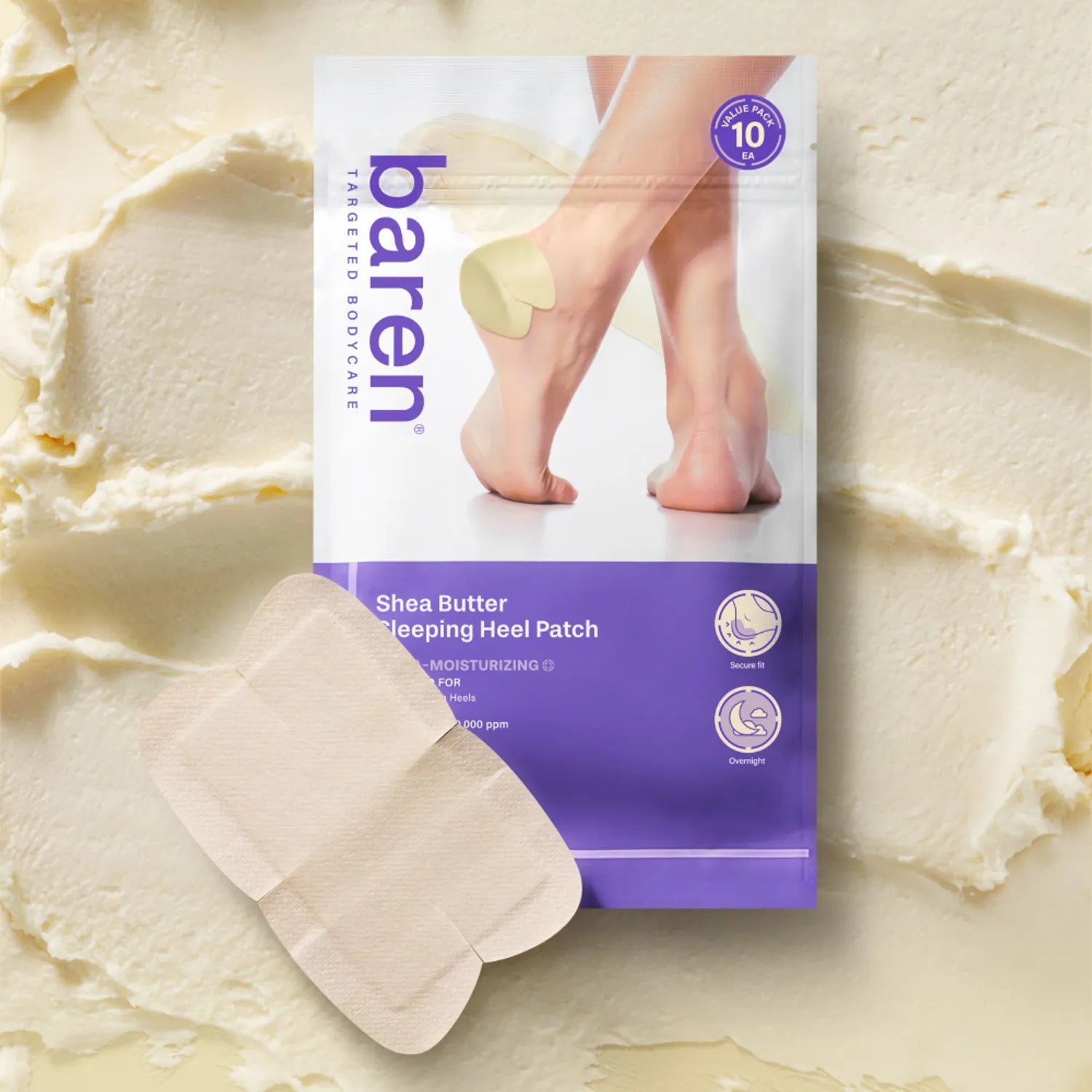 Ultra-slim, transparent, and flexible 4-way wing shape design of Baren Sleeping Patch wrapping snugly around a dry heel at Atelier De Glow UAE.