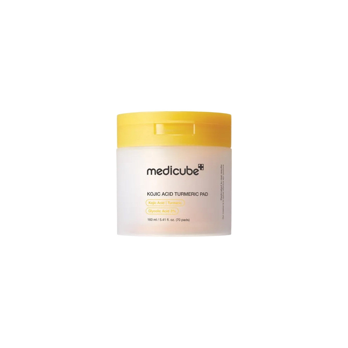 Medicube Kojic Acid Turmeric Pad – 70 count jar of pre-soaked daily brightening toner pads with encapsulated Kojic Acid and Turmeric Extract available at Atelier De Glow UAE.