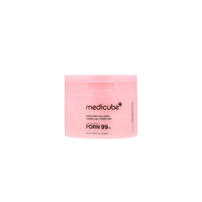 Medicube PDRN Pink Collagen Toning Gel Toner Pad – 70 count jar of clinical pre-soaked gel-coated plumping pads with Salmon DNA and Hydrolyzed Collagen available at Atelier De Glow UAE.