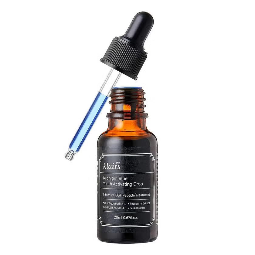 Lightweight, fast-absorbing blue peptide serum by Dear, Klairs that layers seamlessly into daily K-beauty anti-aging routines for a resilient finish at Atelier De Glow UAE.