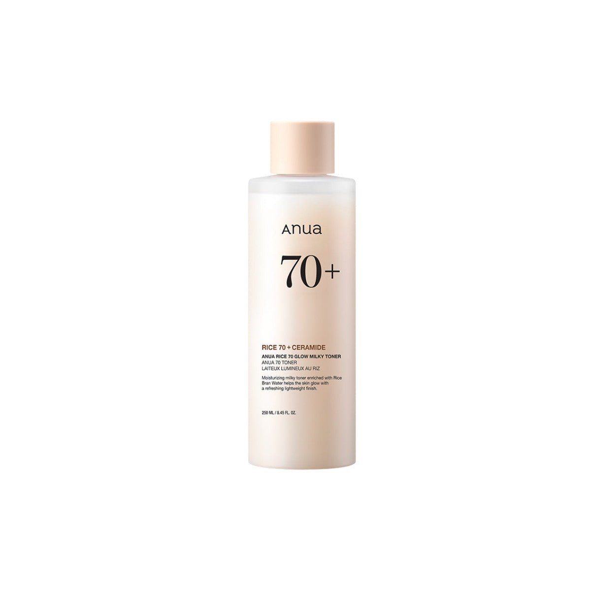 Anua Rice 70 Glow Milky Toner 250ml – 70% Rice Bran Water and Ceramide-enriched Korean milky toner available at Atelier De Glow UAE.