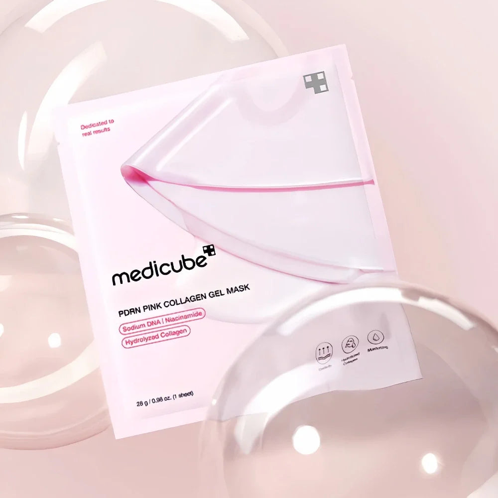 Medicube Pink Hydrogel Mask for sudden red facial heat stress, sunken cheek contours, flat dehydration lines, and dull lackluster skin tones – Plumping treatment from Atelier De Glow UAE.