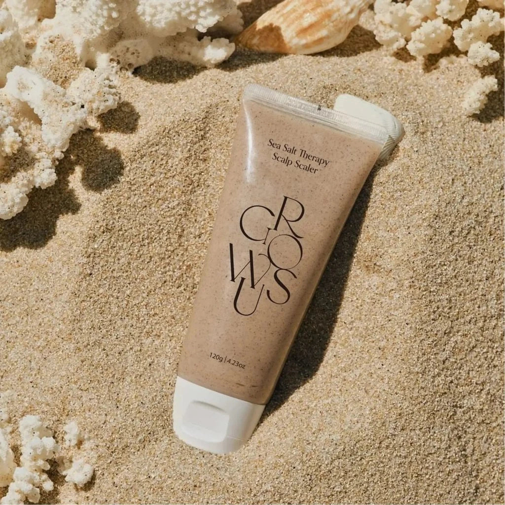 Grainy, mineral-rich texture of GROWUS Sea Salt Scalp Scaler – Cooling and refreshing Korean scalp treatment for volume at Atelier De Glow UAE.