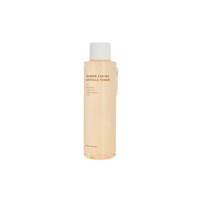 HEVEBLUE Salmon Caring Centella Toner – 200ml skin-repairing liquid with Salmon PDRN DNA and Centella Asiatica available at Atelier De Glow UAE.