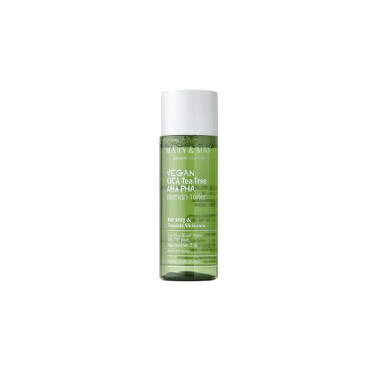 Mary &amp; May Vegan Cica Teatree AHA PHA Blemish Toner Mini bottle – Exfoliating Korean toner for acne-prone skin available at Atelier De Glow UAE.