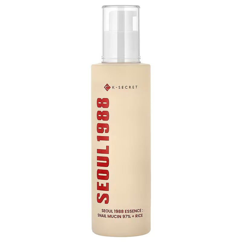 KSECRET SEOUL 1988 Essence Snail Mucin 97% + Rice – 100ml high-concentration cellular repair and skin-softening essence fluid available at Atelier De Glow UAE.