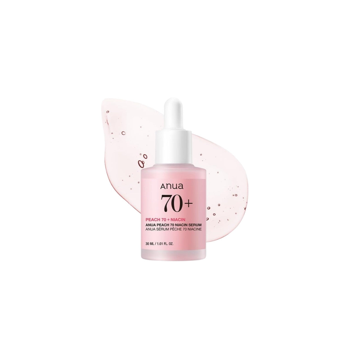 Anua Peach 70 Niacin Serum 30ml – brightening face serum with 70% peach extract and niacinamide for radiant, smooth skin available at Atelier De Glow UAE.
