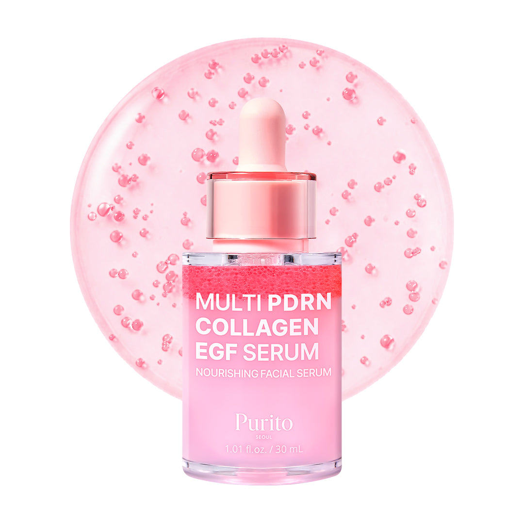 Purito SEOUL Multi PDRN Collagen EGF Serum 30ml – advanced anti-aging facial treatment with PDRN and peptides for skin elasticity available at Atelier De Glow UAE.
