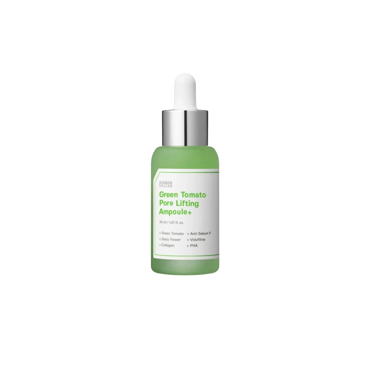 SUNGBOON EDITOR Green Tomato Pore Lifting Ampoule 30ml – intensive pore-tightening and firming facial serum enriched with Green Tomato extract available at Atelier De Glow UAE.
