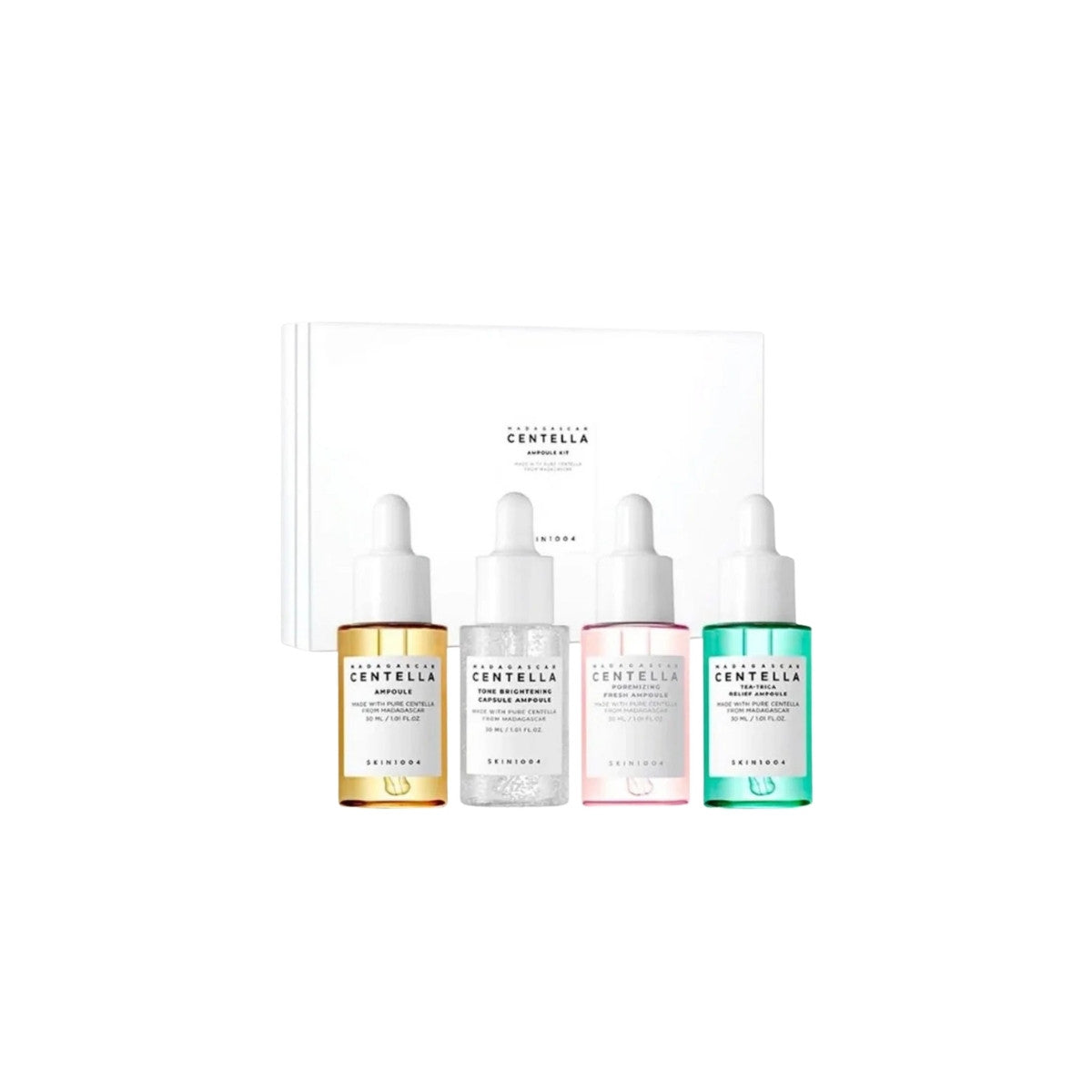 SKIN1004 Madagascar Centella Ampoule Kit – set of 4 soothing and hydrating facial ampoules featuring pure Centella Asiatica extract for sensitive skin available at Atelier De Glow UAE.