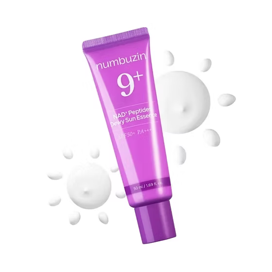 numbuzin No.9 sun essence for anti-aging, fine lines, and sun protection – Advanced "Age-Reverse" UV shield with dewy finish from Atelier De Glow UAE.