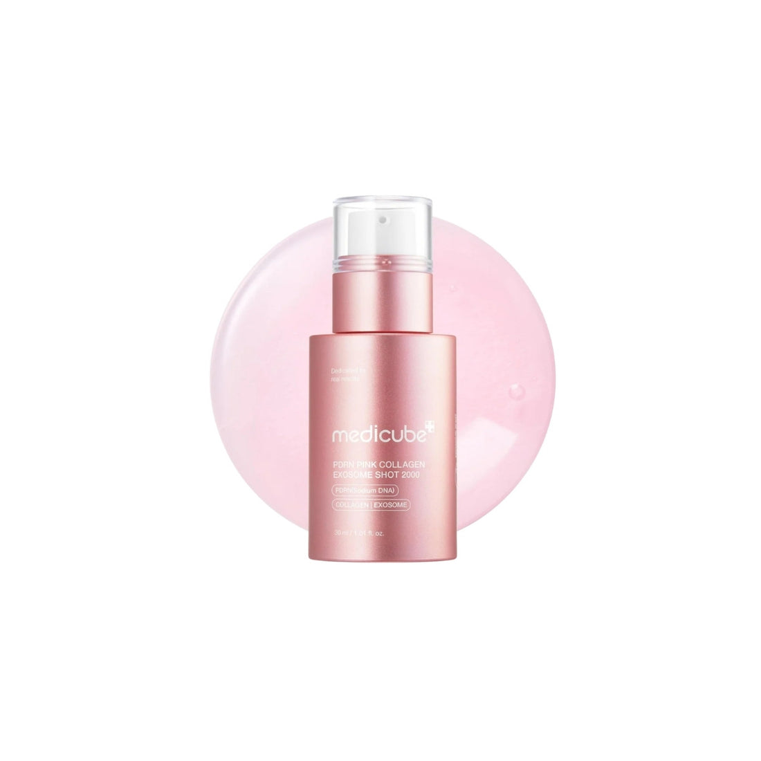 Medicube PDRN Pink Collagen Exosome Shot Serum 2000 – 30ml clinical micro-spicule beginner ampoule with 2000ppm Exosomes and Salmon DNA available at Atelier De Glow UAE.