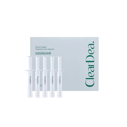 ClearDea Mucin Collagen Voluming Cream Ampoule – 5-piece set of Korean anti-aging vials with Vegan Mucin and Hydrolyzed Collagen available at Atelier De Glow UAE.
