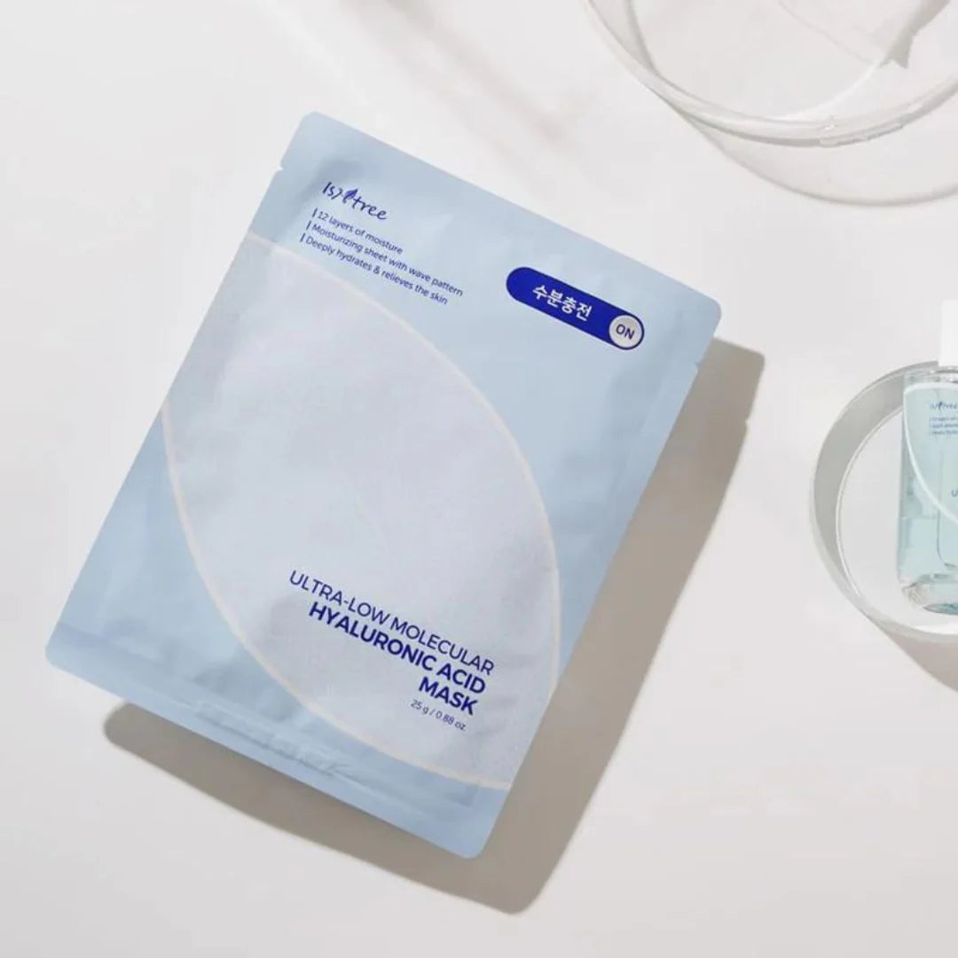 Isntree Ultra-low Molecular Hyaluronic Acid Mask – 500 Dalton vegan sheet mask for intensive deep hydration at Atelier De Glow UAE.
