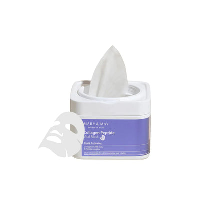Eco-friendly bulk sheet mask packaging of Mary &amp; May Collagen Peptide – Sustainable "One-a-Day" firming masks for all skin types at Atelier De Glow UAE.