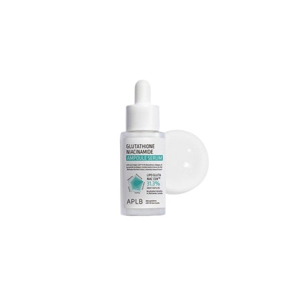 APLB Glutathione Niacinamide Ampoule Serum – High-concentration Korean brightening serum with Glutathione and Centella Asiatica available at Atelier De Glow UAE.
