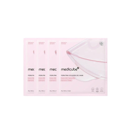 Soft, custom-fitting pink hydrogel texture of Medicube PDRN Collagen Mask cooling down and adhering tightly to facial features at Atelier De Glow UAE.