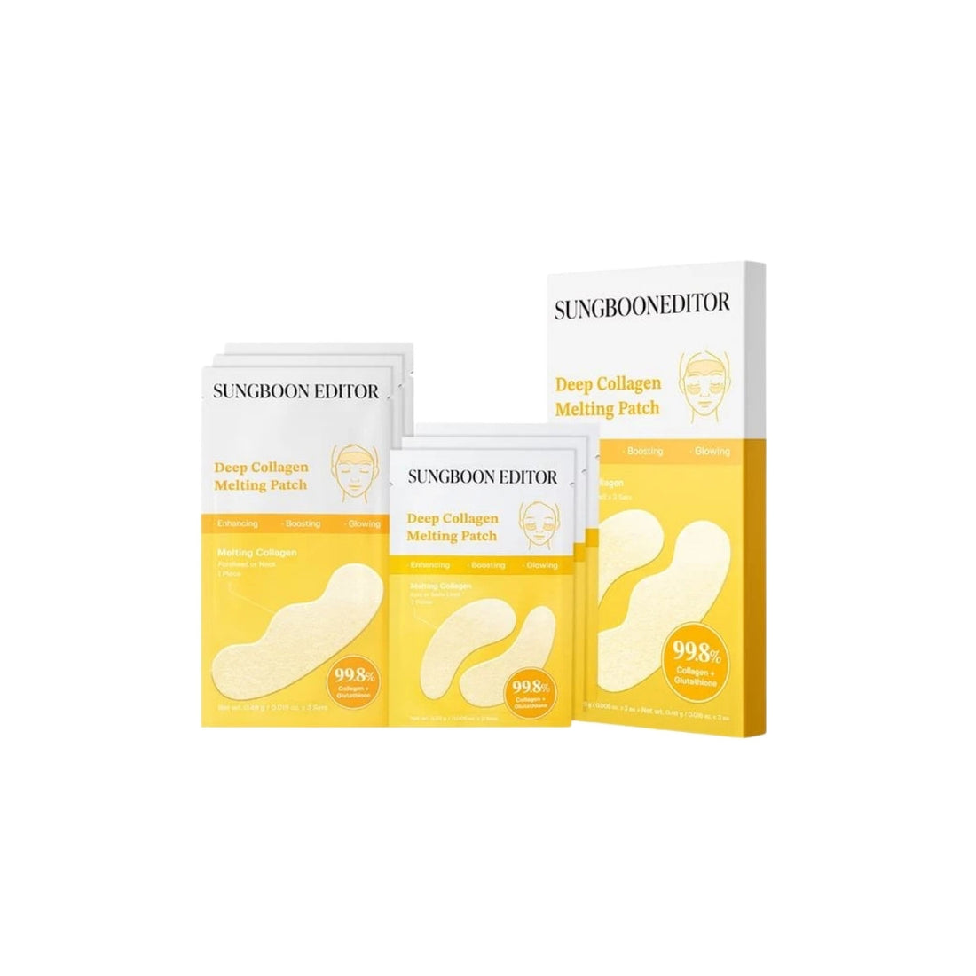 SUNGBOON EDITOR Deep Collagen Melting Patch Set – Pack of 6 freeze-dried 292 Dalton nano-collagen and 5% Glutathione soluble structural patches available at Atelier De Glow UAE.