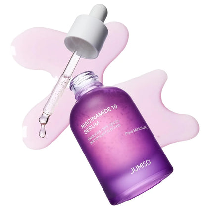 Crystal-clear, watery fluid texture of Jumiso Niacinamide 10 Serum – Non-sticky, fast-absorbing oil-free brightening liquid at Atelier De Glow UAE.