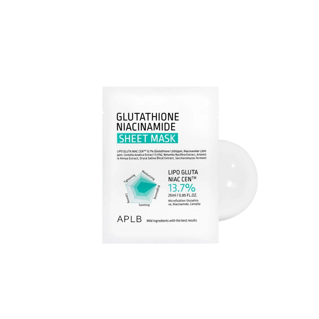 APLB Glutathione Niacinamide Sheet Mask 25ml – Korean brightening mask with high-concentration Glutathione and Niacinamide at Atelier De Glow UAE.