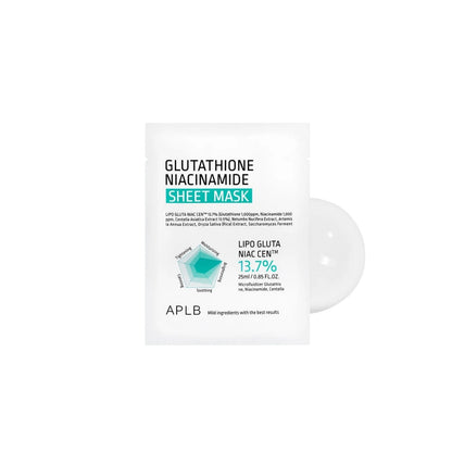 APLB Glutathione Niacinamide Sheet Mask 25ml – Korean brightening mask with high-concentration Glutathione and Niacinamide at Atelier De Glow UAE.