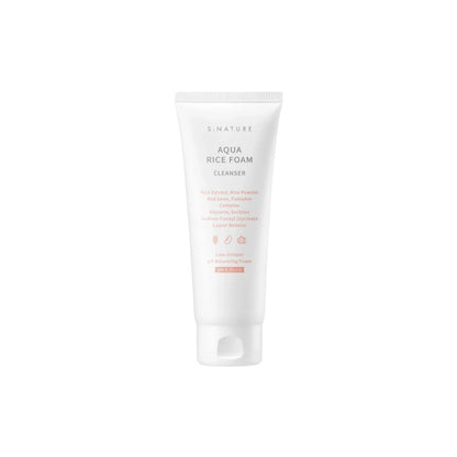 S.NATURE Aqua Rice Foam Cleanser 80ml – hydrating facial cleanser formulated with nourishing rice extract for a deep yet gentle clean available at Atelier De Glow UAE.