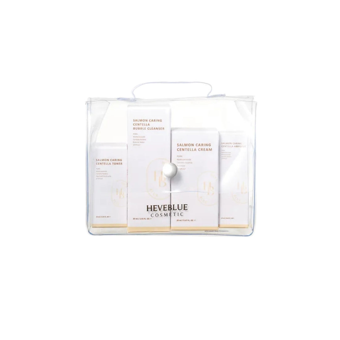 HEVEBLUE Salmon Caring Centella Special Travel Kit – 4-piece clinical trial set featuring PDRN cleanser, toner, ampoule, and cream at Atelier De Glow UAE.