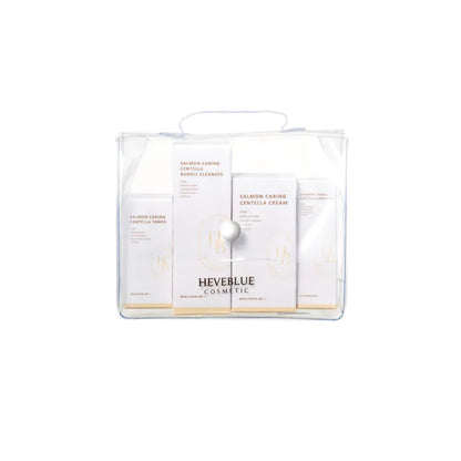 HEVEBLUE Salmon Caring Centella Special Travel Kit – 4-piece clinical trial set featuring PDRN cleanser, toner, ampoule, and cream at Atelier De Glow UAE.