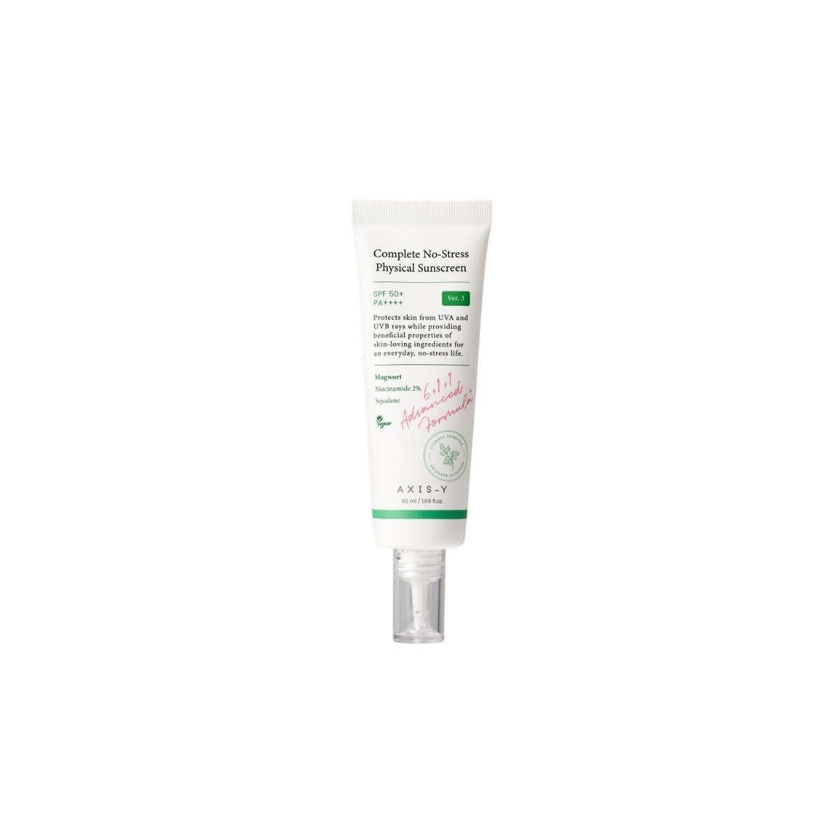 AXIS-Y Complete No Stress Physical Sunscreen SPF50+ PA++++ – Mineral Korean sunscreen with Mugwort and Niacinamide available at Atelier De Glow UAE.