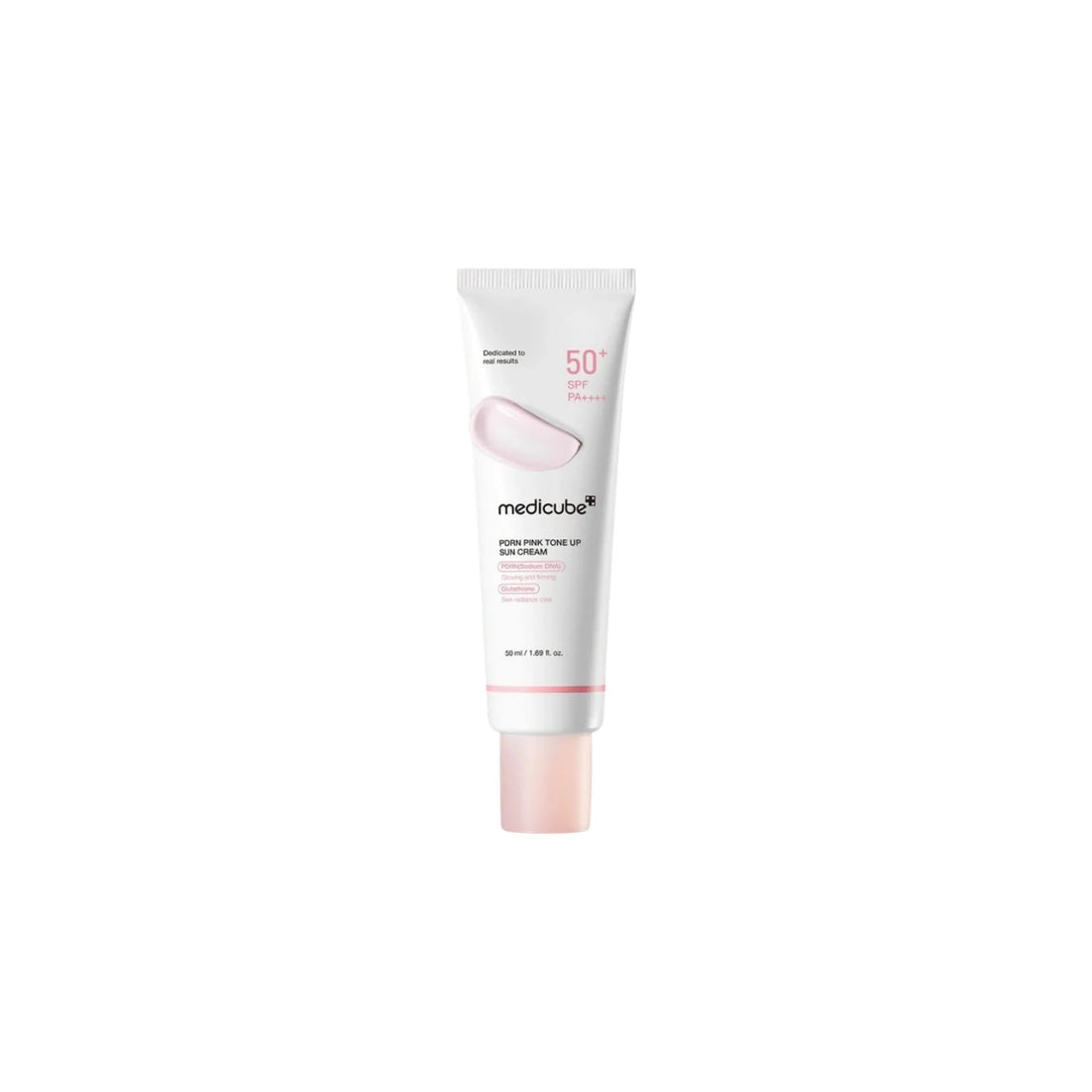 Medicube PDRN Pink Tone Up Sun Cream – 50ml clinical SPF 50+ PA++++ sunscreen infused with 99% pure PDRN, Glutathione, and Niacinamide available at Atelier De Glow UAE.