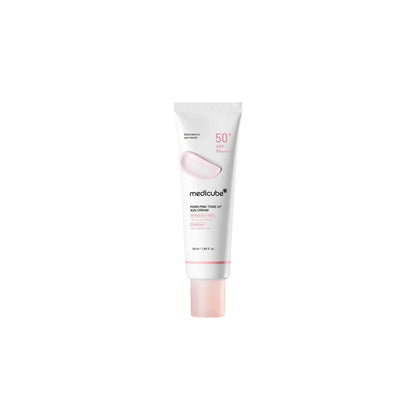 Medicube PDRN Pink Tone Up Sun Cream – 50ml clinical SPF 50+ PA++++ sunscreen infused with 99% pure PDRN, Glutathione, and Niacinamide available at Atelier De Glow UAE.