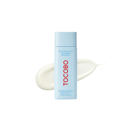 TOCOBO Bio Watery Sun Cream – 50ml Korean SPF 50+ with Bio-Hyaluronic Acid and Mung Bean Extract available at Atelier De Glow UAE.