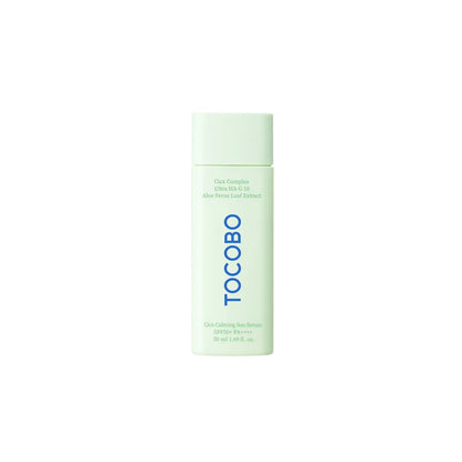 TOCOBO Cica Calming Sun Serum SPF50+ PA++++ 50ml – hydrating chemical sunscreen with Cica extracts for soothing sensitive skin, available at Atelier De Glow UAE.
