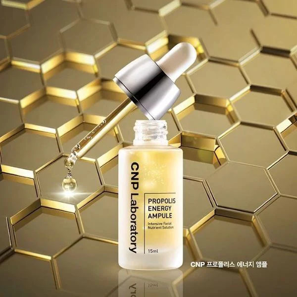 Rich, honey-like texture of CNP Propolis Energy Ampoule – Non-sticky, dewy Korean serum for a luminous "Glass Skin" finish at Atelier De Glow UAE.