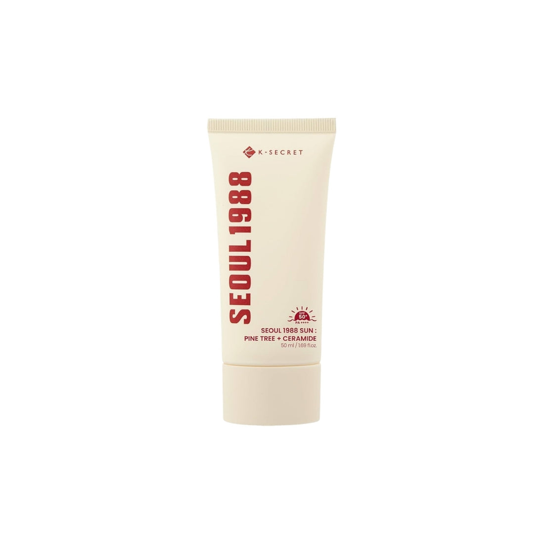 KSECRET SEOUL 1988 Sun Pine Tree + Ceramide SPF50+ PA++++ – 50ml lightweight daily barrier-repairing chemical sunscreen available at Atelier De Glow UAE.