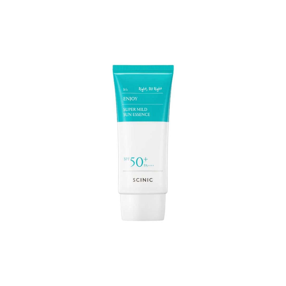 SCINIC Enjoy Super Mild Sun Essence SPF50+ PA++++ 50ml – lightweight, hydrating chemical sunscreen for sensitive skin, available at Atelier De Glow UAE.