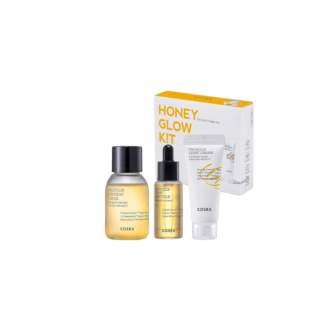 COSRX Honey Glow Trial Kit – 3-step Korean propolis routine with Toner, Ampoule, and Light Cream available at Atelier De Glow UAE.