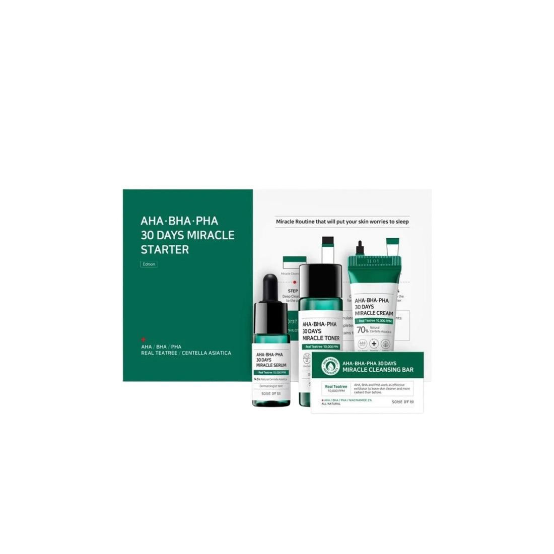 SOME BY MI AHA BHA PHA 30 Days Miracle Starter Kit box – 4-step Korean acne-clearing routine with Truecica™ available at Atelier De Glow UAE.