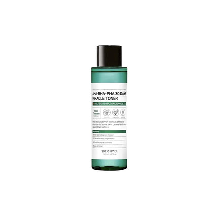 SOME BY MI AHA BHA PHA 30 Days Miracle Toner 150ml – clarifying exfoliating toner formulated with tea tree extract and acids for smooth skin available at Atelier De Glow UAE.