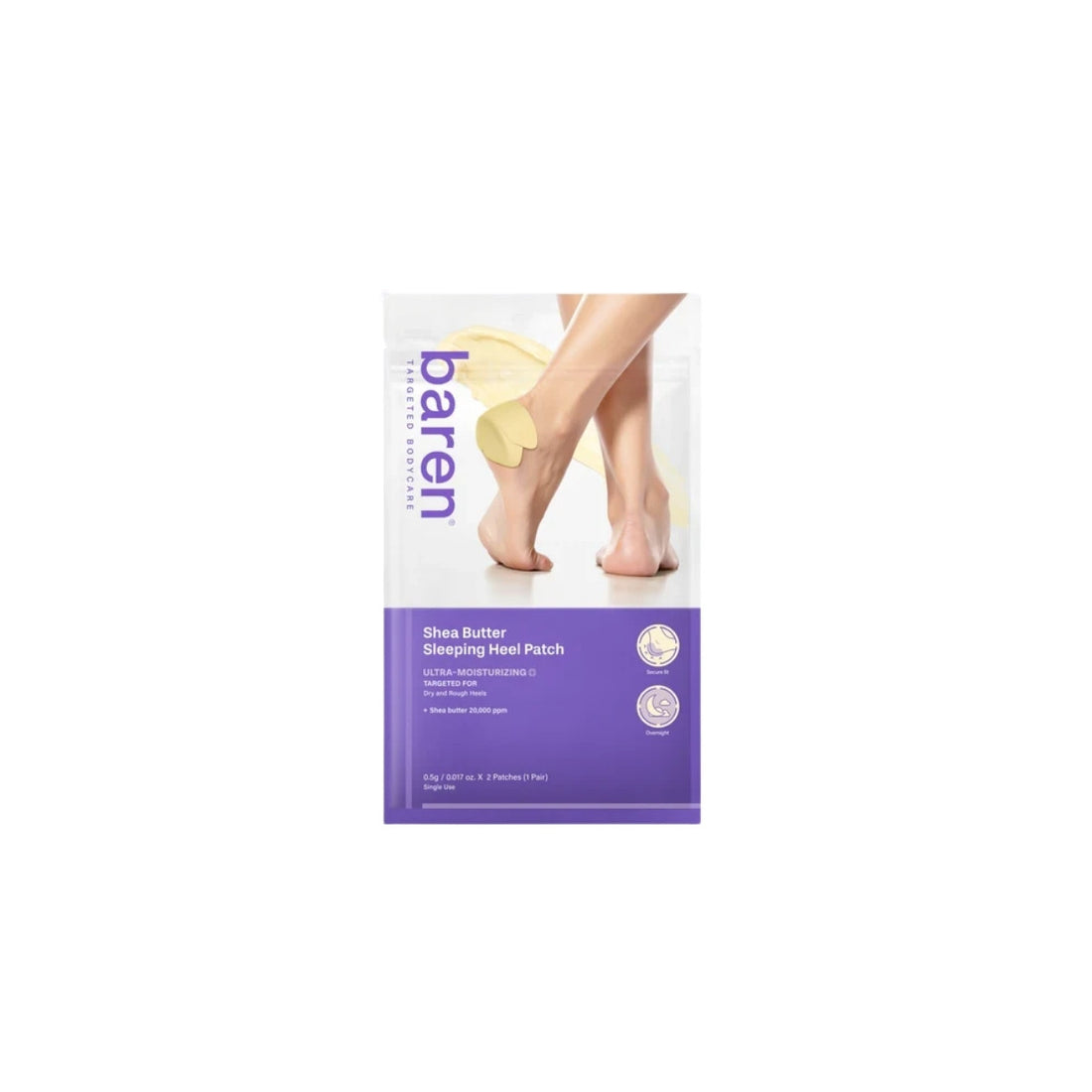 Baren Shea Butter Sleeping Heel Patch – 0.05mm ultra-thin overnight exfoliating and deeply moisturizing heel patches available at Atelier De Glow UAE.