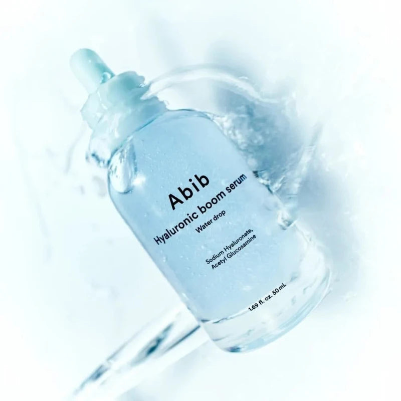 Abib Hyaluronic Boom Serum Water Drop for dry, dehydrated, and tight skin, designed to provide instant cooling relief and long-lasting moisture from Atelier De Glow UAE.