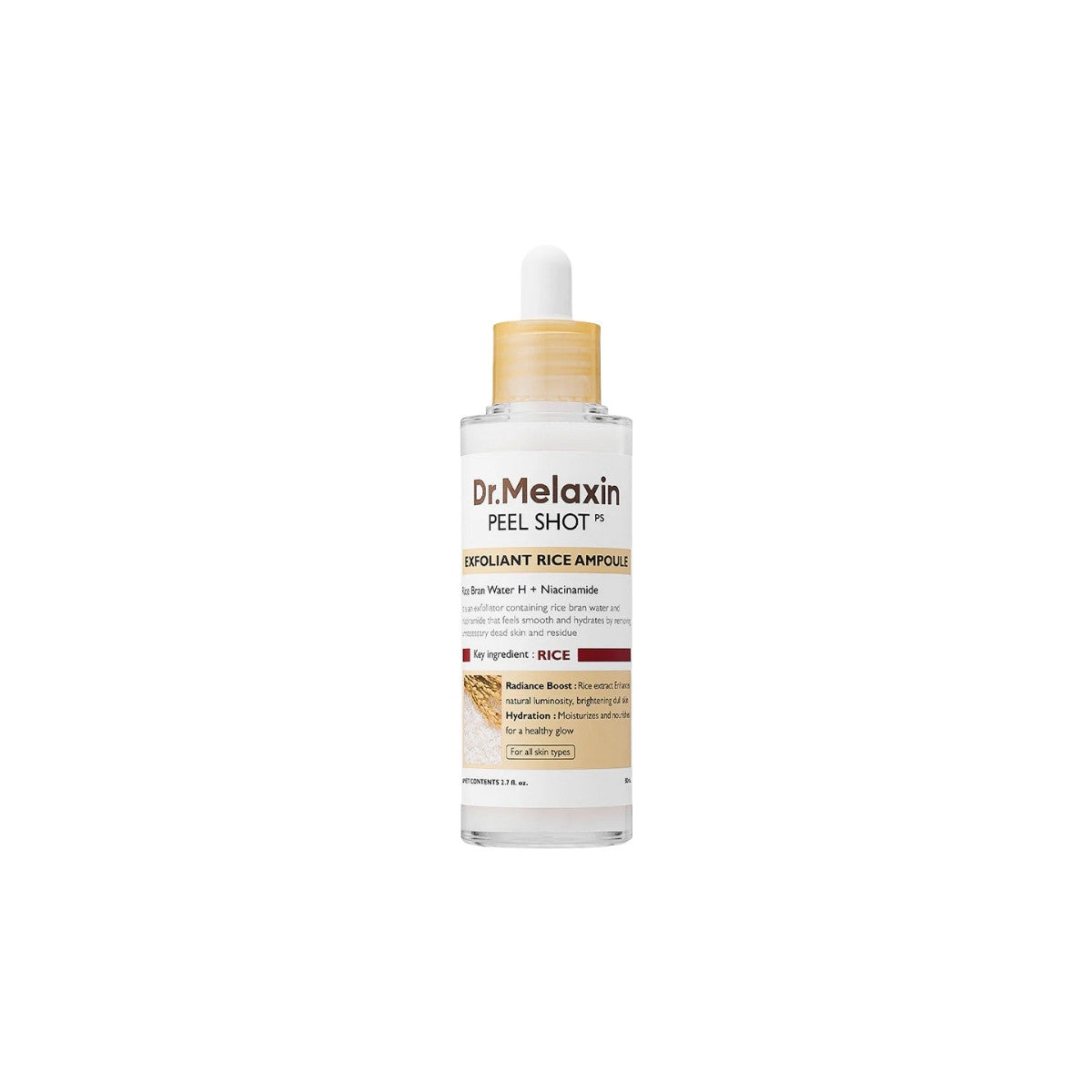 Dr. Melaxin Peel Shot Exfoliant White Rice Ampoule – 80ml Korean brightening exfoliant with Rice Bran Extract available at Atelier De Glow UAE.