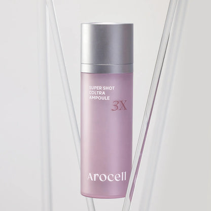 Rich, milky, and ultra-smooth fluid texture of Arocell Super Shot Coltra Ampoule 3X being dispensed from a dropper onto a clear face at Atelier De Glow UAE.