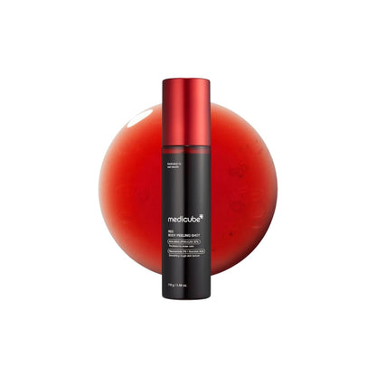 medicube Red Acne Body Peeling Shot 2.0 – 110g intensive body peel with AHA, BHA, PHA, and Succinic Acid available at Atelier De Glow UAE.