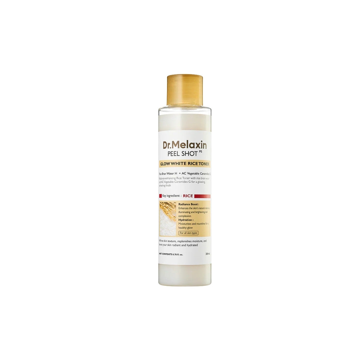 Dr. Melaxin Peel Shot Glow White Rice Toner – 200ml Korean brightening toner with fermented Rice Bran Extract available at Atelier De Glow UAE.