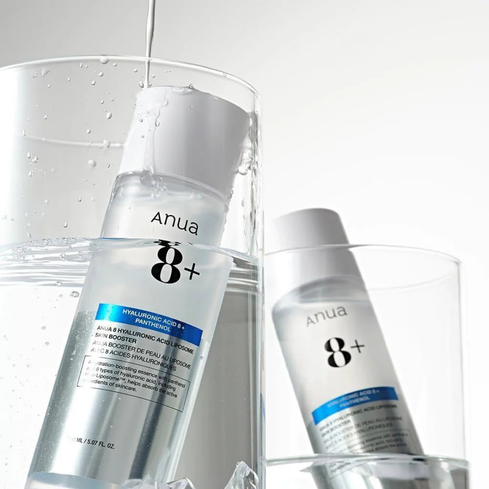 Watery, fast-absorbing Anua 8 Hyaluronic Acid Booster texture – Non-sticky Korean hydrating booster for "Glass Skin" prep at Atelier De Glow UAE.
